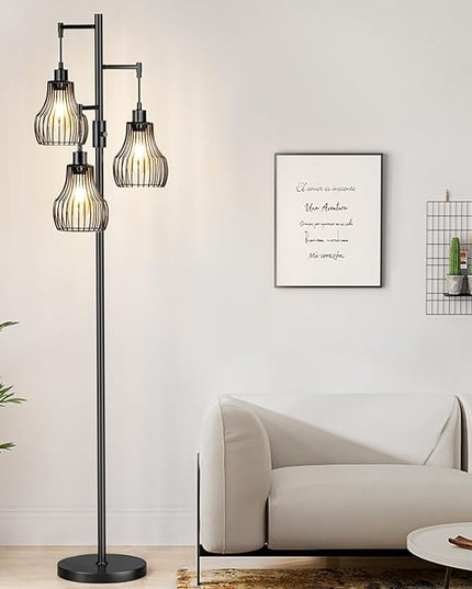 Dimmable Floor Lamp, 3 x 800LM LED Edison Bulbs Included, Farmhouse Industrial Floor Lamp Standing Tree Lamp with Elegant Cage Tall Lamps for Living Room Bedroom Office - Black - LeafyLoom