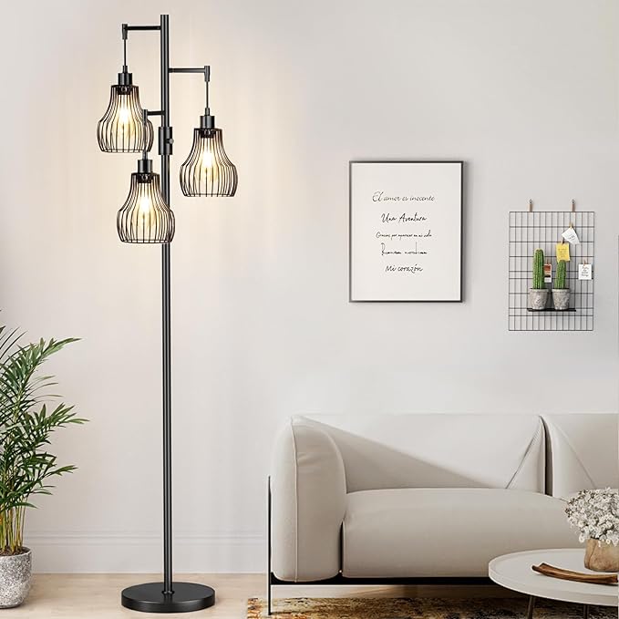 Dimmable Floor Lamp, 3 x 800LM LED Edison Bulbs Included, Farmhouse Industrial Floor Lamp Standing Tree Lamp with Elegant Cage Tall Lamps for Living Room Bedroom Office - Black - LeafyLoom
