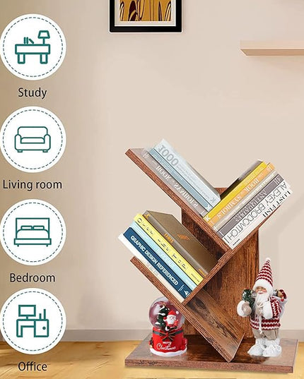 Tree Bookshelf, 3-Tier Small Book Storage Organizer Shelves Floor Standing Bookcase, Wood Storage Rack for Office Home School Shelf Display for Cd/Magazine(Rustic Brown) - LeafyLoom