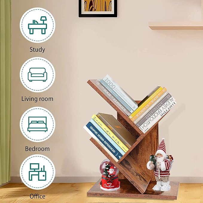 Tree Bookshelf, 3-Tier Small Book Storage Organizer Shelves Floor Standing Bookcase, Wood Storage Rack for Office Home School Shelf Display for Cd/Magazine(Rustic Brown) - LeafyLoom