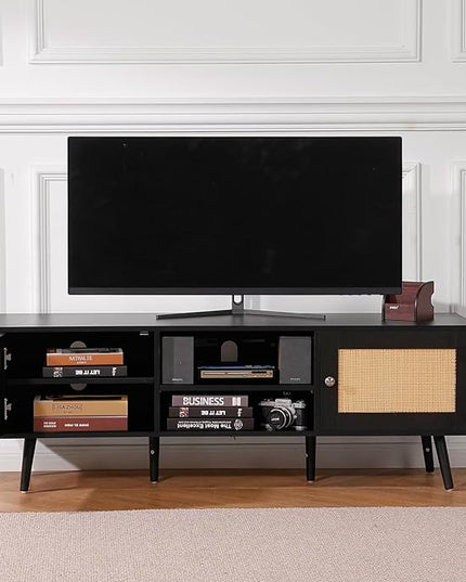 VEVOR Rattan TV Stand for 65 inch TV, Boho TV Stand with Rattan Door, Entertainment Center with Build-in Socket and USB Ports, Modern TV Console for Living Room, Media Room, Black - LeafyLoom