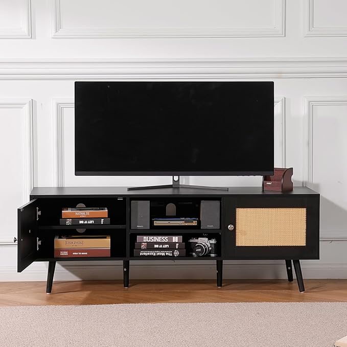 VEVOR Rattan TV Stand for 65 inch TV, Boho TV Stand with Rattan Door, Entertainment Center with Build-in Socket and USB Ports, Modern TV Console for Living Room, Media Room, Black - LeafyLoom