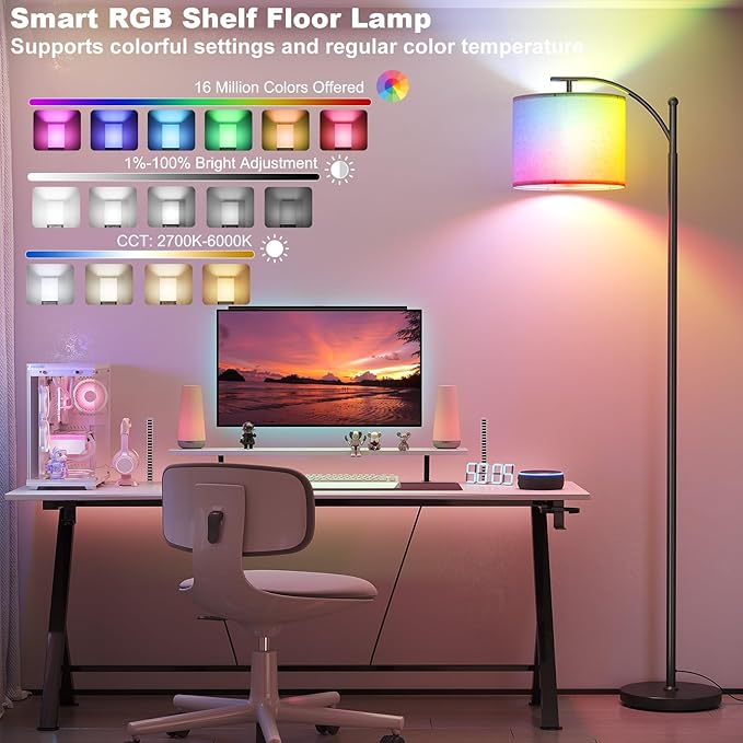 SUNMORY ARC Floor lamp, Smart APP Remote Control Standing floor lamp with RGB Bulb, Tall Lamp with Hanging Lampshade, Dimmable Floor Lamp, Modern Floor Lamps for Living Room, Bedroom, Office - LeafyLoom