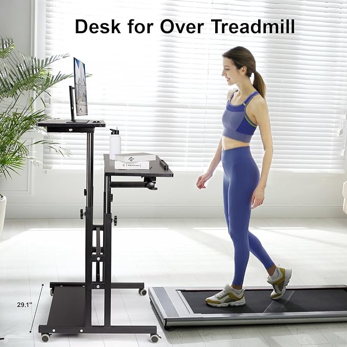 Hadulcet Stand Up Desk, Rolling Desk Adjustable Height, Mobile Standing Desk with Wheels & Charging Station, Portable Desk for Laptop, Rolling Computer Cart TV Tray, Small Standing Desk Drawing Desk - LeafyLoom