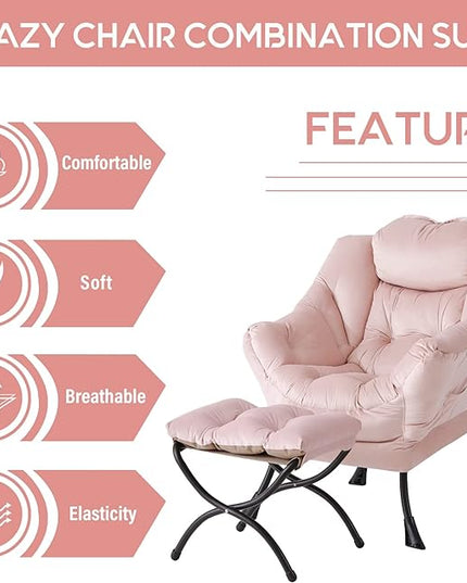 LITA Lazy Chair with Ottoman, Modern Accent Leisure Upholstered Sofa Chair, Contemporary Lounge Reading Chair with Armrests and a Side Pocket for Living Room, Bedroom & Small Space, Pink - LeafyLoom