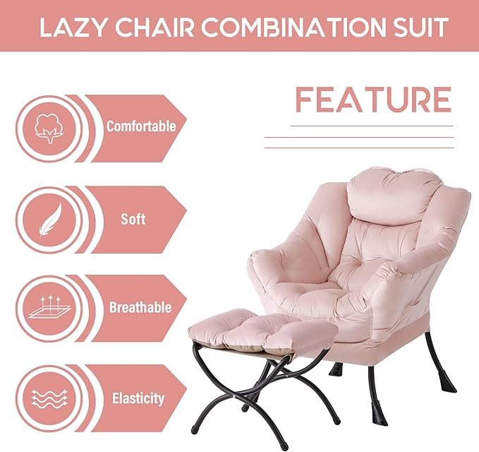 LITA Lazy Chair with Ottoman, Modern Accent Leisure Upholstered Sofa Chair, Contemporary Lounge Reading Chair with Armrests and a Side Pocket for Living Room, Bedroom & Small Space, Pink - LeafyLoom