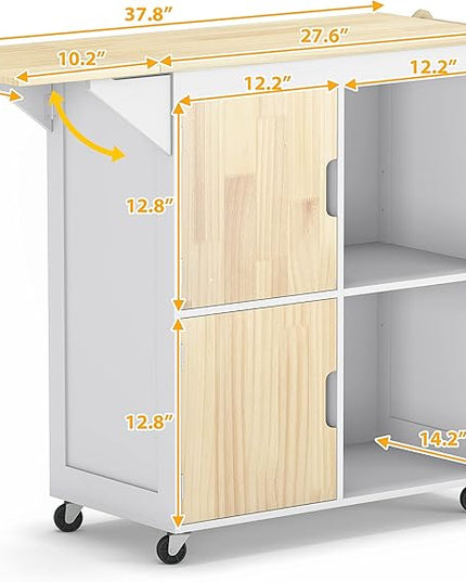 Usinso Rolling Kitchen Island, Kitchen Island Storage Cabinets on Wheels with Drop Leaf Countertop, Handle Racks, Caster Liquor Cart Suitable for Placing (White) - LeafyLoom