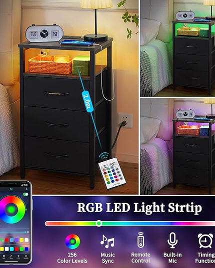 Yoobure Night Stand with Charging Station, 20 Colors LED Nightstand with USB Ports and Outlets, End Table with 3 Fabric Drawers and Storage Shelf, Bedside Tables Small Dresser for Small Space, Grey - LeafyLoom