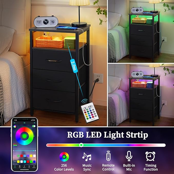 Yoobure Night Stand with Charging Station, 20 Colors LED Nightstand with USB Ports and Outlets, End Table with 3 Fabric Drawers and Storage Shelf, Bedside Tables Small Dresser for Small Space, Grey - LeafyLoom