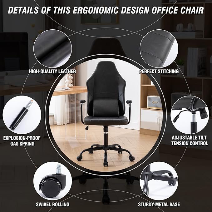 Executive Office Chair, Home Office Desk Chair, High Back PU Leather Desk Chair, 360° Swivel Computer Chair, Height Adjustable Tilt Vanity Task Chair for Office, Reading Meeting Room - LeafyLoom