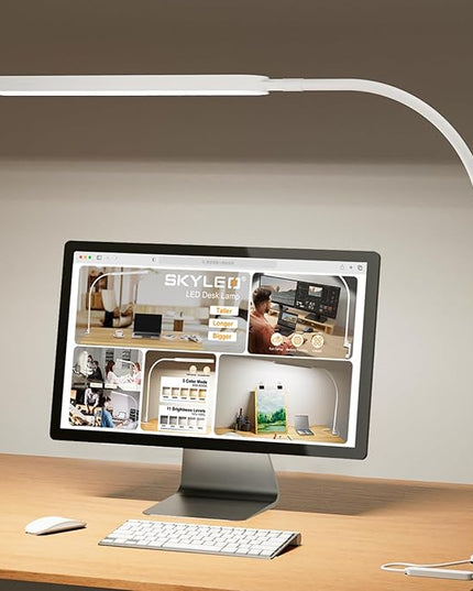 SKYLEO Desk Lamp - 33.5" Desk Light - Flexible Gooseneck - 5 Color Modes X 11 Brightness Levels - 1300LM - Timmer & Memory Function - 12W Clip on Light - White - LeafyLoom