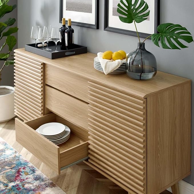 Modway Render 63" Mid-Century Modern Sideboard Buffet Table or TV Stand in Oak - LeafyLoom