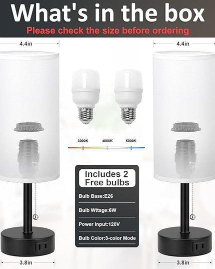 White Bedside Table Lamps Set of 2-3 Color Temperatures Pull Chain Lamp with AC Outlet Charging Port, Two Round Night Stand Lamps for Bedroom Office, Small Bed Side Light with E26 LED Bulbs - LeafyLoom