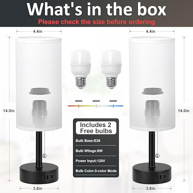 White Bedside Table Lamps Set of 2-3 Color Temperatures Pull Chain Lamp with AC Outlet Charging Port, Two Round Night Stand Lamps for Bedroom Office, Small Bed Side Light with E26 LED Bulbs - LeafyLoom