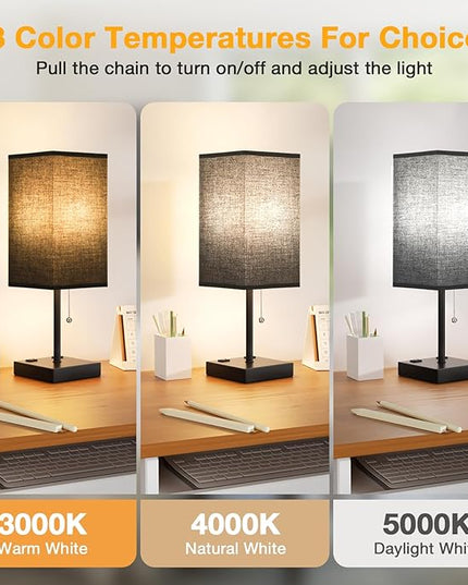 aooshine Black Table Lamp for Bedroom - 3 Color Temperature 3000K 5000K 4000K Bedside Lamp, Pull Chain Control, USB A and C Ports, AC Outlets, Bulb Included, Medium - LeafyLoom