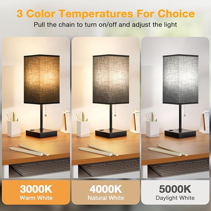 aooshine Black Table Lamp for Bedroom - 3 Color Temperature 3000K 5000K 4000K Bedside Lamp, Pull Chain Control, USB A and C Ports, AC Outlets, Bulb Included, Medium - LeafyLoom