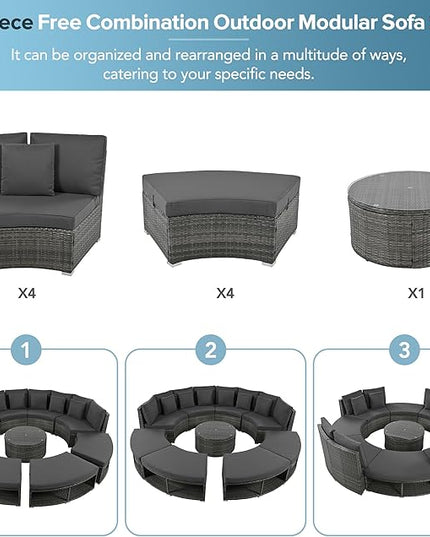 9-Pieces Outdoor Patio Furniture Set, Rattan Wicker Circular Sectional Sofa with Storage, Tempered Glass Table and 6 Pillows, Garden Lawn Half Moon Conversation Couch, Grey - LeafyLoom