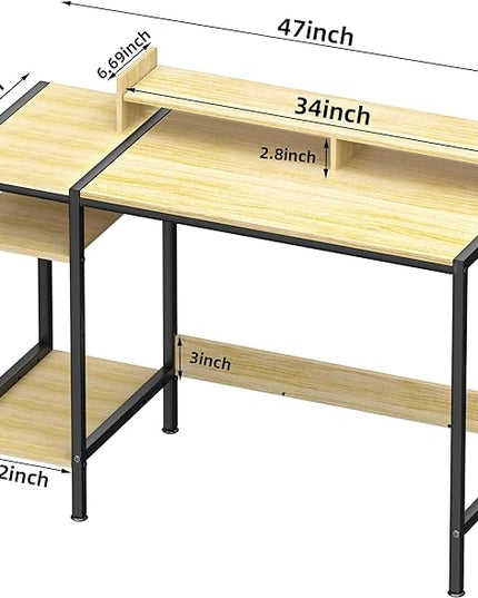 Small Computer Gaming Desk - 47” Home Office Desk with Storage, Monitor Stand for 2 Monitors, Adjustable Storage Space, Writing,Modern Design Corner Table, Beech. - LeafyLoom