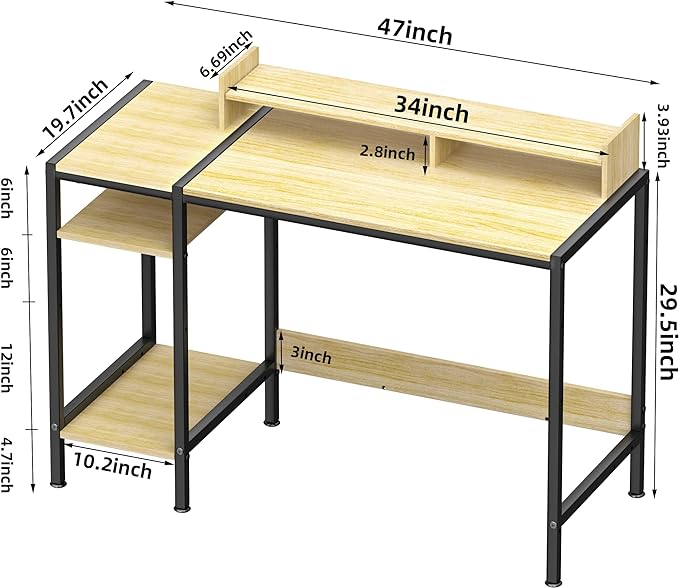 Small Computer Gaming Desk - 47” Home Office Desk with Storage, Monitor Stand for 2 Monitors, Adjustable Storage Space, Writing,Modern Design Corner Table, Beech. - LeafyLoom