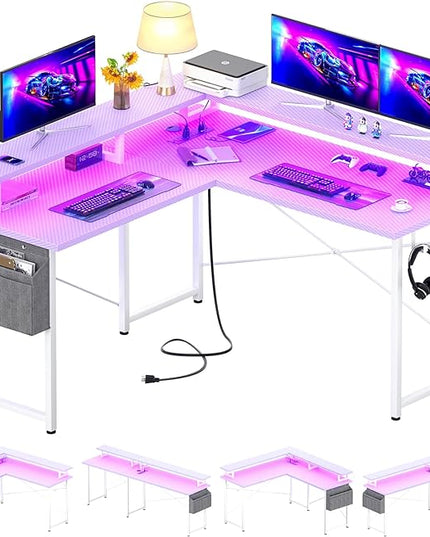 armocity L Shaped Computer Desk with Power Outlets, Gaming LED Lights, Corner Storage Shelves, Work Study for Bedroom, Home Office Small Spaces, 47'', Carbon Fiber Purple - LeafyLoom