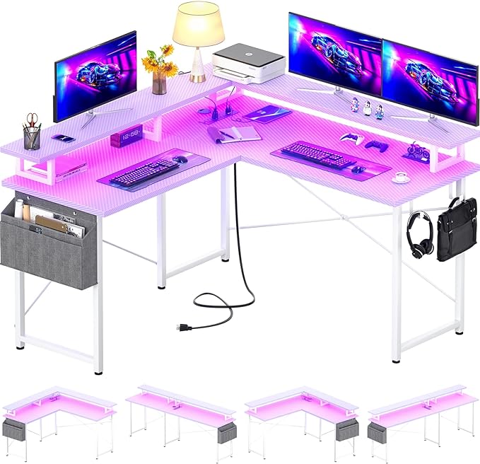 armocity L Shaped Computer Desk with Power Outlets, Gaming LED Lights, Corner Storage Shelves, Work Study for Bedroom, Home Office Small Spaces, 47'', Carbon Fiber Purple - LeafyLoom