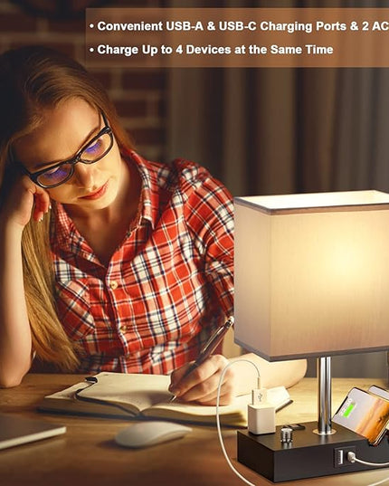 Kakanuo Table Lamp for Bedroom with Dual USB Ports, Grey Fully Dimmable Bedside Lamp with Phone Stands and 2 Charging Outlets, Desk Lamp for Nightstand and Living Room, LED Bulb Included - LeafyLoom