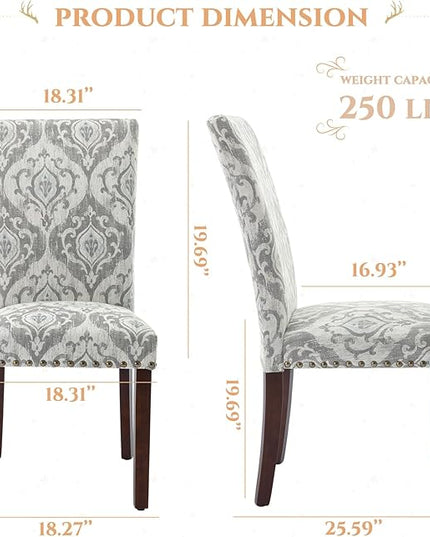 Parsons Dining Chairs Set of 6, Upholstered Nailhead Dining Room Kitchen Side Chair with Thick Cushions and Wood Legs, White/Grey - LeafyLoom