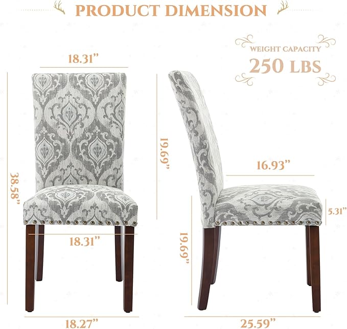 Parsons Dining Chairs Set of 4, Upholstered Nailhead Dining Room Kitchen Side Chair with Thick Cushions and Wood Legs, White/Grey - LeafyLoom