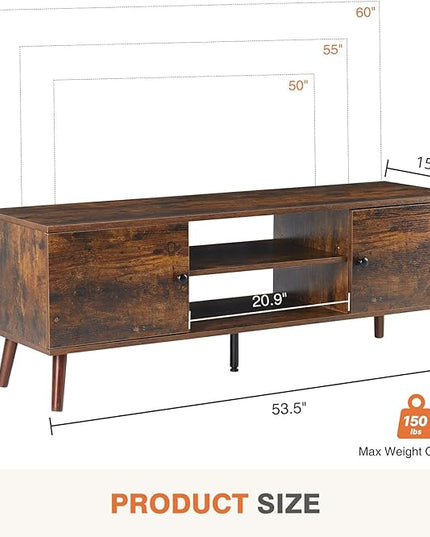 Sweetcrispy TV Stand for 55 60 inch TV, Modern Mid Century Entertainment Center with Storage, Media Console Table 2 Cabinet, Soft Hinge, Handle Door, Wooden Living Room, Office Furniture, Retro Brown - LeafyLoom
