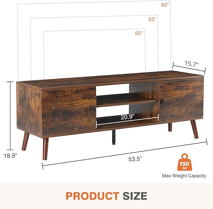 Sweetcrispy TV Stand for 55 60 inch TV, Modern Mid Century Entertainment Center with Storage, Media Console Table 2 Cabinet, Soft Hinge, Handle Door, Wooden Living Room, Office Furniture, Retro Brown - LeafyLoom