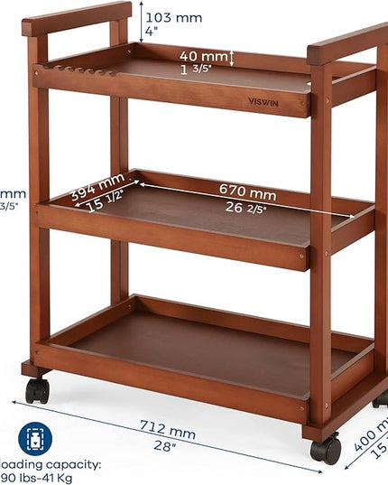 VISWIN 37" H Art Cart Storage Organizer 3-Tier, Solid Beech Wood Rolling Utility Cart with Caster Wheels, Multifunctional Art Supplies Craft Cart Organizer, Trolley for Studio, Classroom, Kitchen - LeafyLoom