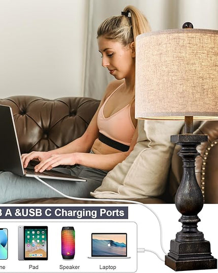 BOBOMOMO 27" Farmhouse Table Lamp Set of 2 with USB A+C for Bedroom Living Room Vintage Rustic Traditional Nightstand Bedside Lamps Retro Side Table Lamps (Black) - LeafyLoom