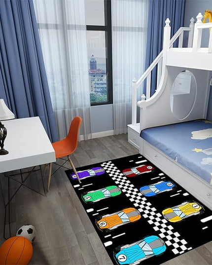 Race Car Rug Kids Play Area Rugs Race Car Track Rug Kids Rug with Roads and Tracks Car Track Carpet Car Rug for Boys Room Race Car Room Decor for Boys,Black 4'5''×6' - LeafyLoom