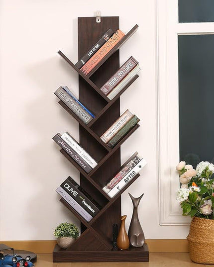 8 Tier Tree Bookshelf, 8 Shelf Open Book Case, Sturdy Tree Bookcase, Narrow Book Organizer Shelves for Bedroom, Living Room, Home Office, Dark Brown, w/Wall Anchor, 15.9"x8.1"x47.6" - LeafyLoom