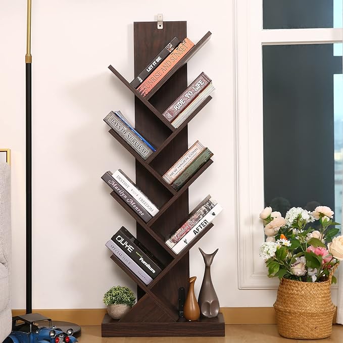8 Tier Tree Bookshelf, 8 Shelf Open Book Case, Sturdy Tree Bookcase, Narrow Book Organizer Shelves for Bedroom, Living Room, Home Office, Dark Brown, w/Wall Anchor, 15.9"x8.1"x47.6" - LeafyLoom