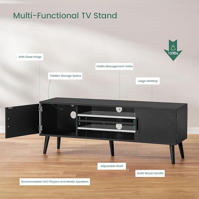 Iwell Black TV Stand for 60 Inch TV, Entertainment Center with Adjustable Shelf, TV Console, Modern TV Stand for Living Room, Bedroom, Black - LeafyLoom