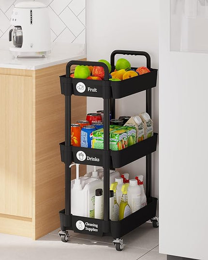 3-Tier Kitchen Storage Cart,Multifunction Utility Rolling Storage Organizer,Mobile Shelving Unit Cart with Lockable Wheels for Bathroom,Laundry,Living Room,With Classified Stickers,Black - LeafyLoom