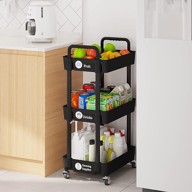 3-Tier Kitchen Storage Cart,Multifunction Utility Rolling Storage Organizer,Mobile Shelving Unit Cart with Lockable Wheels for Bathroom,Laundry,Living Room,With Classified Stickers,Black - LeafyLoom