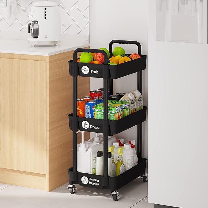 3-Tier Kitchen Storage Cart,Multifunction Utility Rolling Storage Organizer,Mobile Shelving Unit Cart with Lockable Wheels for Bathroom,Laundry,Living Room,With Classified Stickers,Black - LeafyLoom
