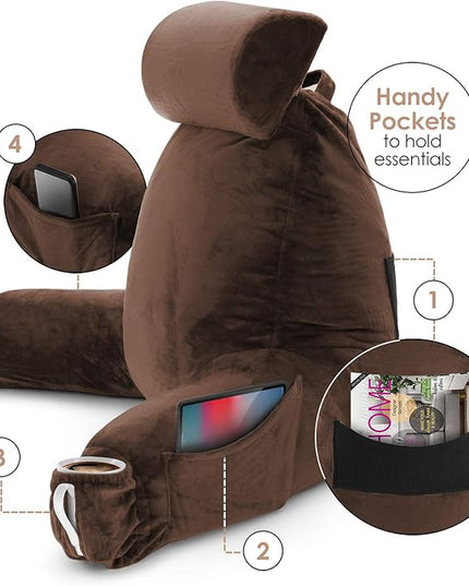 Clara Clark Reading Pillow, Large Back Pillow for Sitting Up in Bed, Memory Foam Back Support Pillow, Reading Pillows for Sitting in Bed, Chocolate Brown Sit Up Pillow for Bed with Arms and Pockets - LeafyLoom