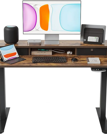 BANTI 40x24 Inch Electric Standing Desk with Double Drawers, Adjustable Height Stand Up Desk, Sit Stand Home Office Desk with Storage Shelf, Rustic Brown Top - LeafyLoom