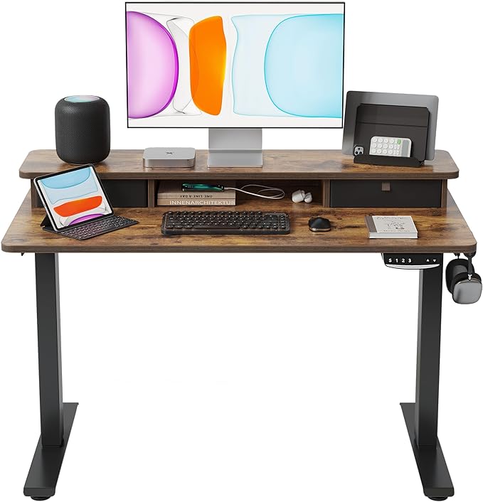 BANTI 40x24 Inch Electric Standing Desk with Double Drawers, Adjustable Height Stand Up Desk, Sit Stand Home Office Desk with Storage Shelf, Rustic Brown Top - LeafyLoom