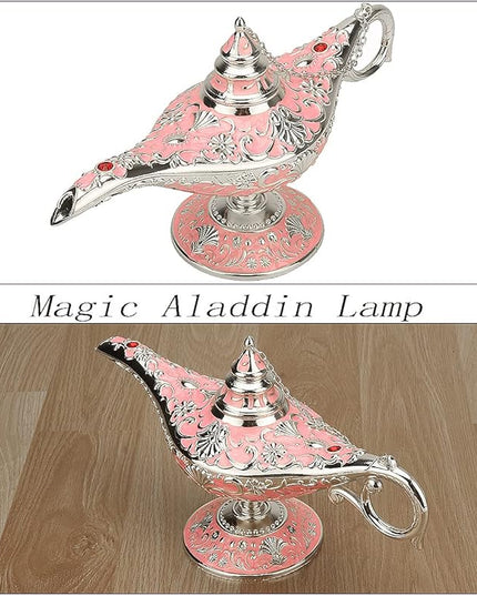 Legend Aladdin Lamp Magic Genie Wishing Light, Classic Arabian Nights Costume Props Lamp Table Decor for Home Wedding Party Halloween Birthday Beautiful Gift Toy for Women Girl (Pink & Silver) - LeafyLoom