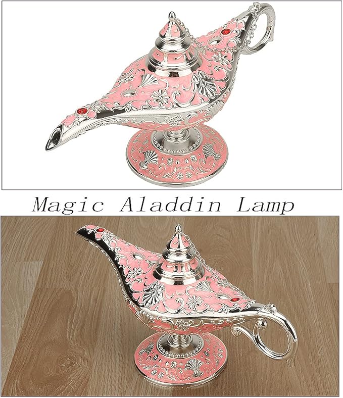 Legend Aladdin Lamp Magic Genie Wishing Light, Classic Arabian Nights Costume Props Lamp Table Decor for Home Wedding Party Halloween Birthday Beautiful Gift Toy for Women Girl (Pink & Silver) - LeafyLoom