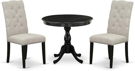 East West Furniture Antique 3 Piece Kitchen Set Contains a Round Dining Room Table with Pedestal and 2 Doeskin Linen Fabric Upholstered Chairs, 36x36 Inch, Wirebrushed Black - LeafyLoom