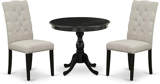 East West Furniture Antique 3 Piece Kitchen Set Contains a Round Dining Room Table with Pedestal and 2 Doeskin Linen Fabric Upholstered Chairs, 36x36 Inch, Wirebrushed Black - LeafyLoom