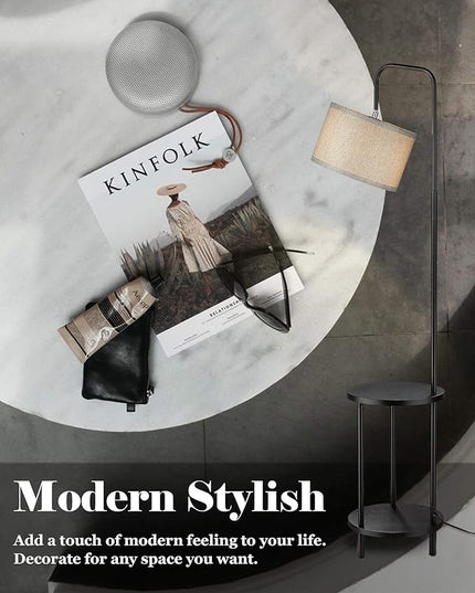 ELYONA Modern Floor Lamp for Living Room, Rubber Wood Side Table Lamp with Grey Fabric Drum Shade, End Table Tall Pole Standing Light for Bedroom, Office, Apartment, LED Bulb Included, Matte Black - LeafyLoom