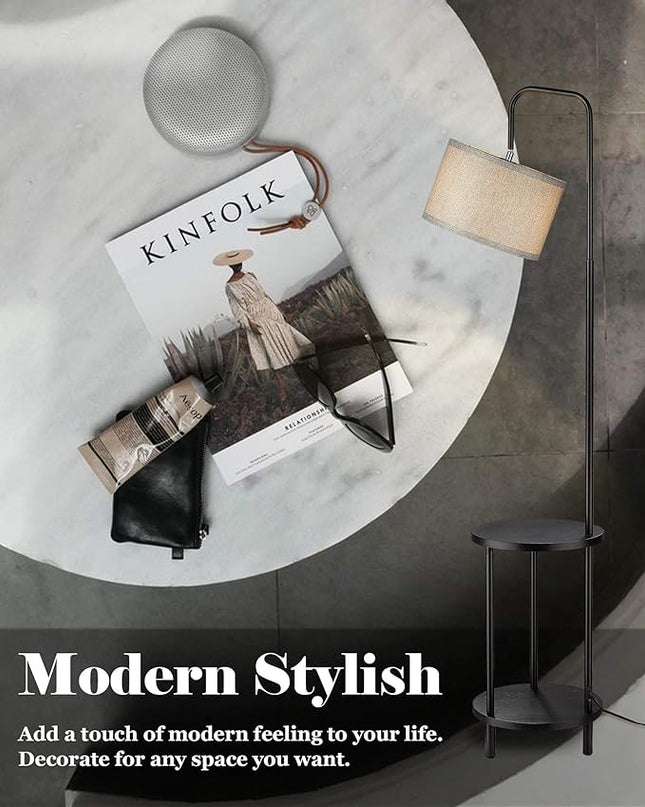 ELYONA Modern Floor Lamp for Living Room, Rubber Wood Side Table Lamp with Grey Fabric Drum Shade, End Table Tall Pole Standing Light for Bedroom, Office, Apartment, LED Bulb Included, Matte Black - LeafyLoom