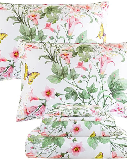 QSH Butterfly Bed Sheets Set Queen Size 100% Egyptian Cotton Sheet Wild Flower Leaves Printed Pattern Bedding Sheets Spring Floral Bedsheets Deep Pockets 4PCs - LeafyLoom