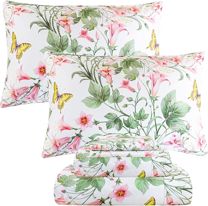 QSH Butterfly Bed Sheets Set Queen Size 100% Egyptian Cotton Sheet Wild Flower Leaves Printed Pattern Bedding Sheets Spring Floral Bedsheets Deep Pockets 4PCs - LeafyLoom